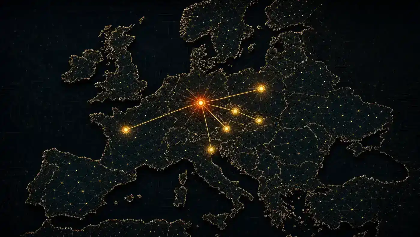 Netzwerk-Karte der sieben Länder: Deutschland, Österreich, Tschechien, Slowakei, Polen, Frankreich, Italien